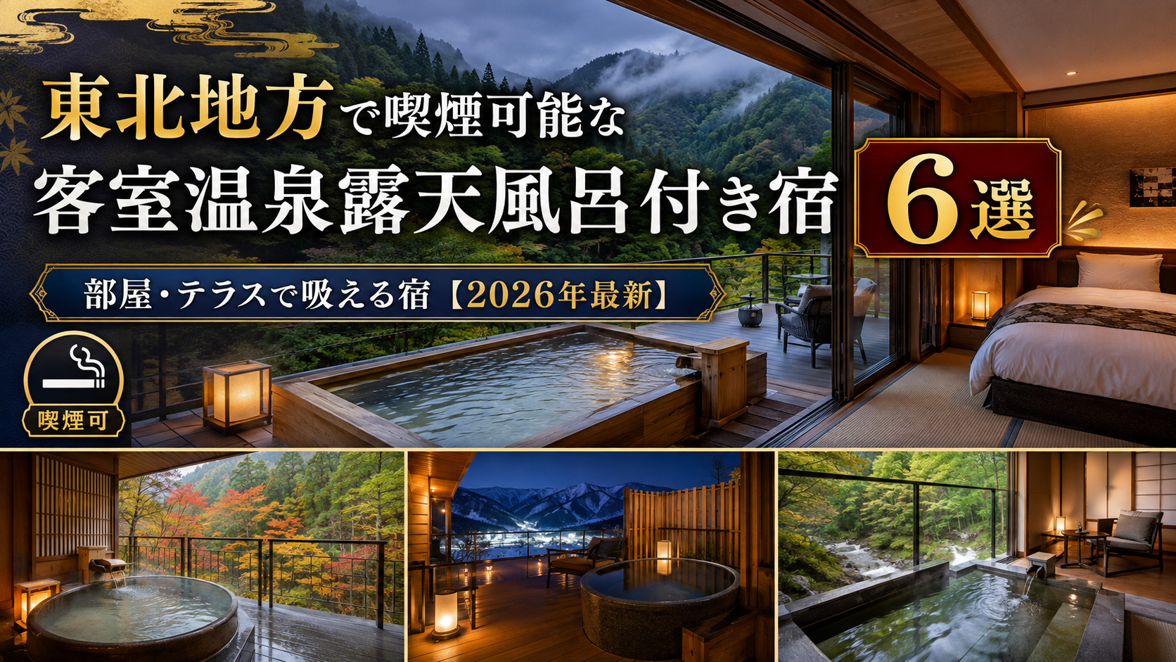 東北地方で喫煙可能な客室温泉露天風呂付き宿『6選』｜部屋・テラスで吸える宿【2026年最新】。ブログ用アイキャッチ画像